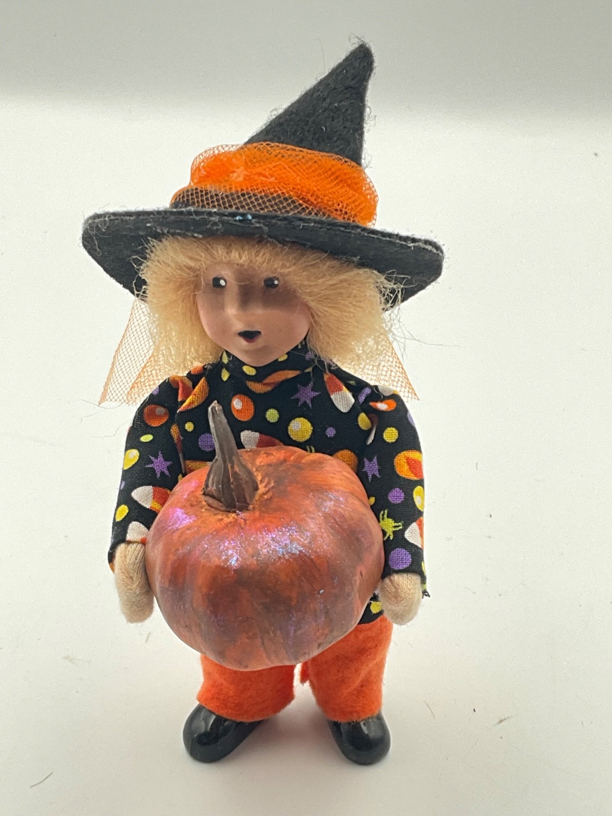 Byers Choice Halloween Toddler Tot Child Girl Witch in Candy Corn Top w/ Pumpkin