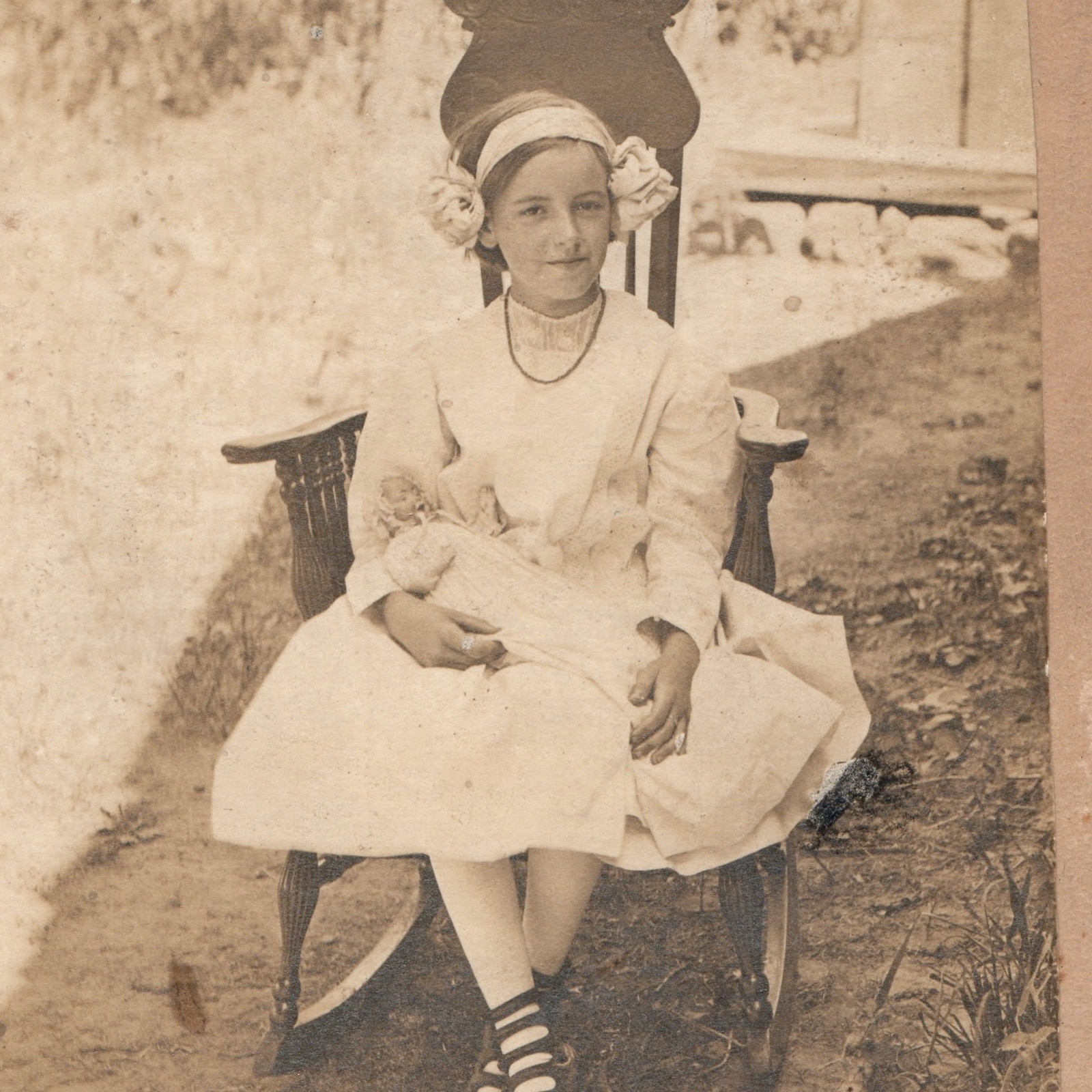 c1910s Girl in Rocking Chair Doll Striped Stockings Outdoor Mounted Photo 9 c1910s Girl in Rocking Chair Doll Striped Stockings Outdoor Mounted Photo 9