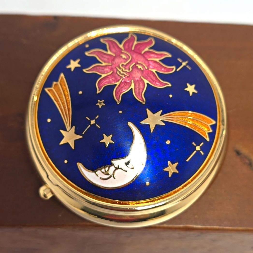 Vintage Celestial Sun Moon Stars Enamel Pill Box Gold Tone Vintage Celestial Sun Moon Stars Enamel Pill Box Gold Tone