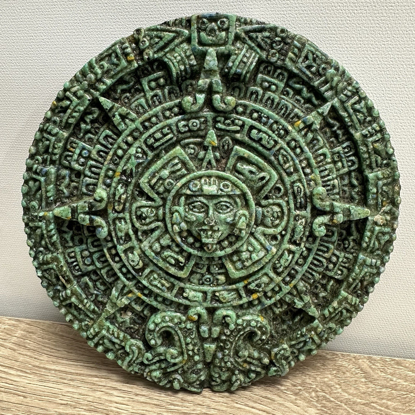 Vintage Mexican Crushed Malachite Resin Aztec Sun Stone Calendar Plaque 5.25