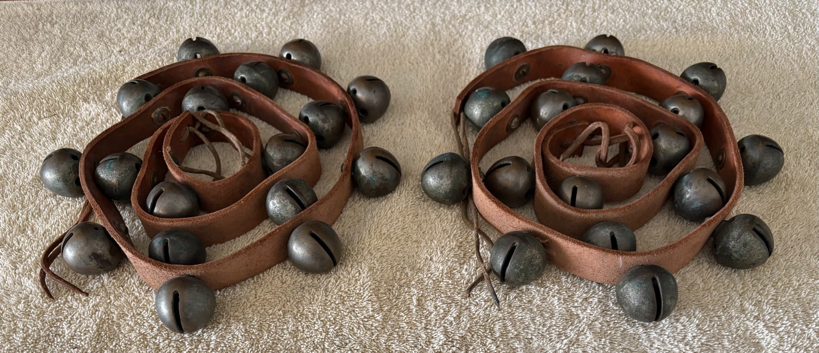 34 Antique Swedish Solid Brass Crotal Sleigh Bells Smooth Slot Screw Back 2 x 17