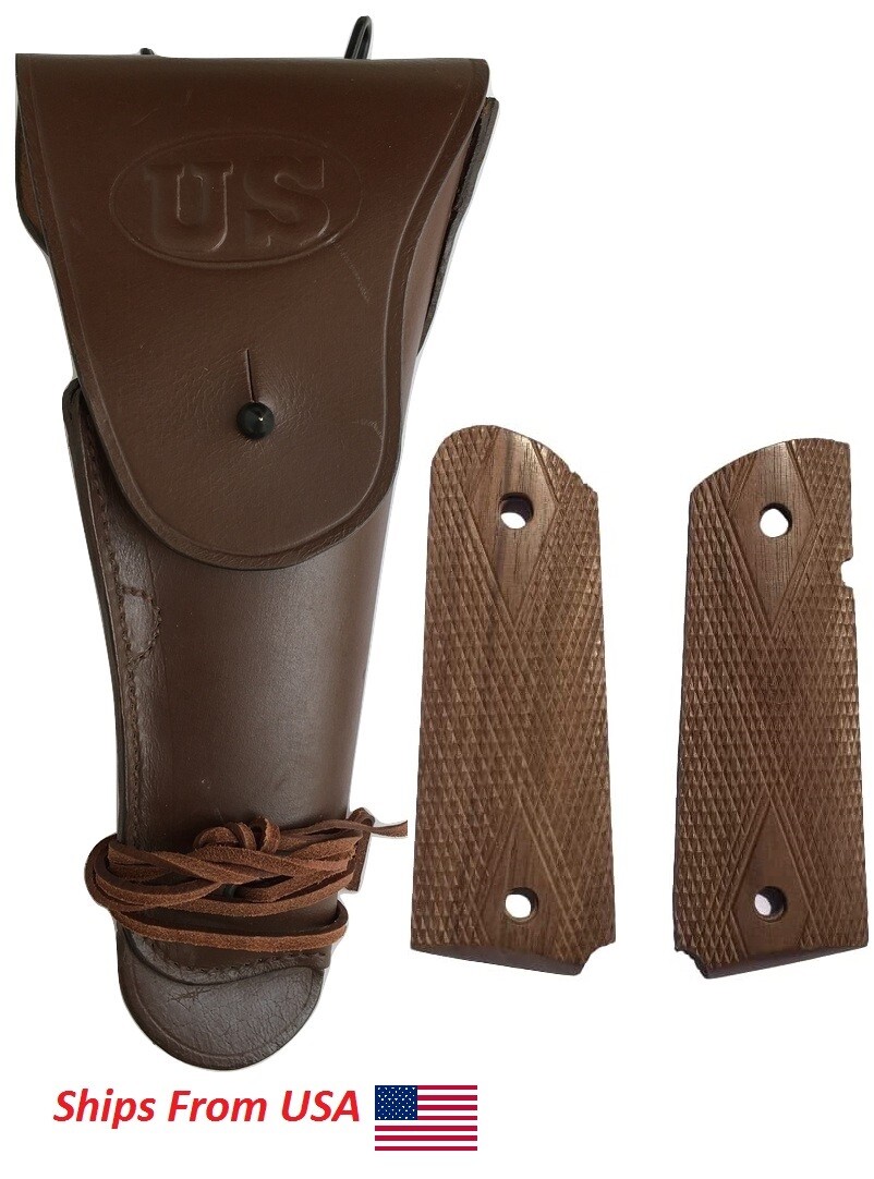 WW2 US Army .45 Hip M1911 Colt Dark Brown Holster with Walnut Wood Colt Grip WW2 US Army .45 Hip M1911 Colt Dark Brown Holster with Walnut Wood Colt Grip