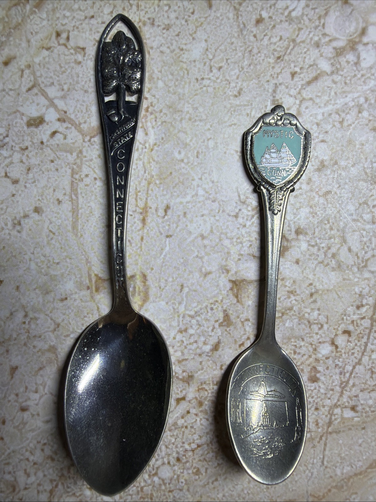 Lot of 2 Vintage Connecticut Souvenir Spoons Mystic Seaport Charter Oak Lot of 2 Vintage Connecticut Souvenir Spoons Mystic Seaport Charter Oak