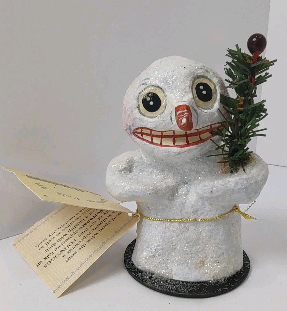 Vintage Poliwoggs Signed Snowman Ghost Folk Art Sugared Figurine 2000 Primitive