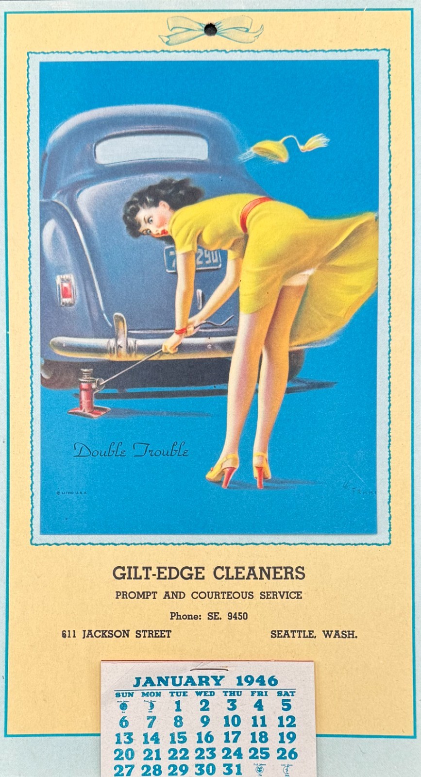 1946 Art Frahm Double Trouble Pin Up Calendar Seattle WA Gilt Edge Cleaners