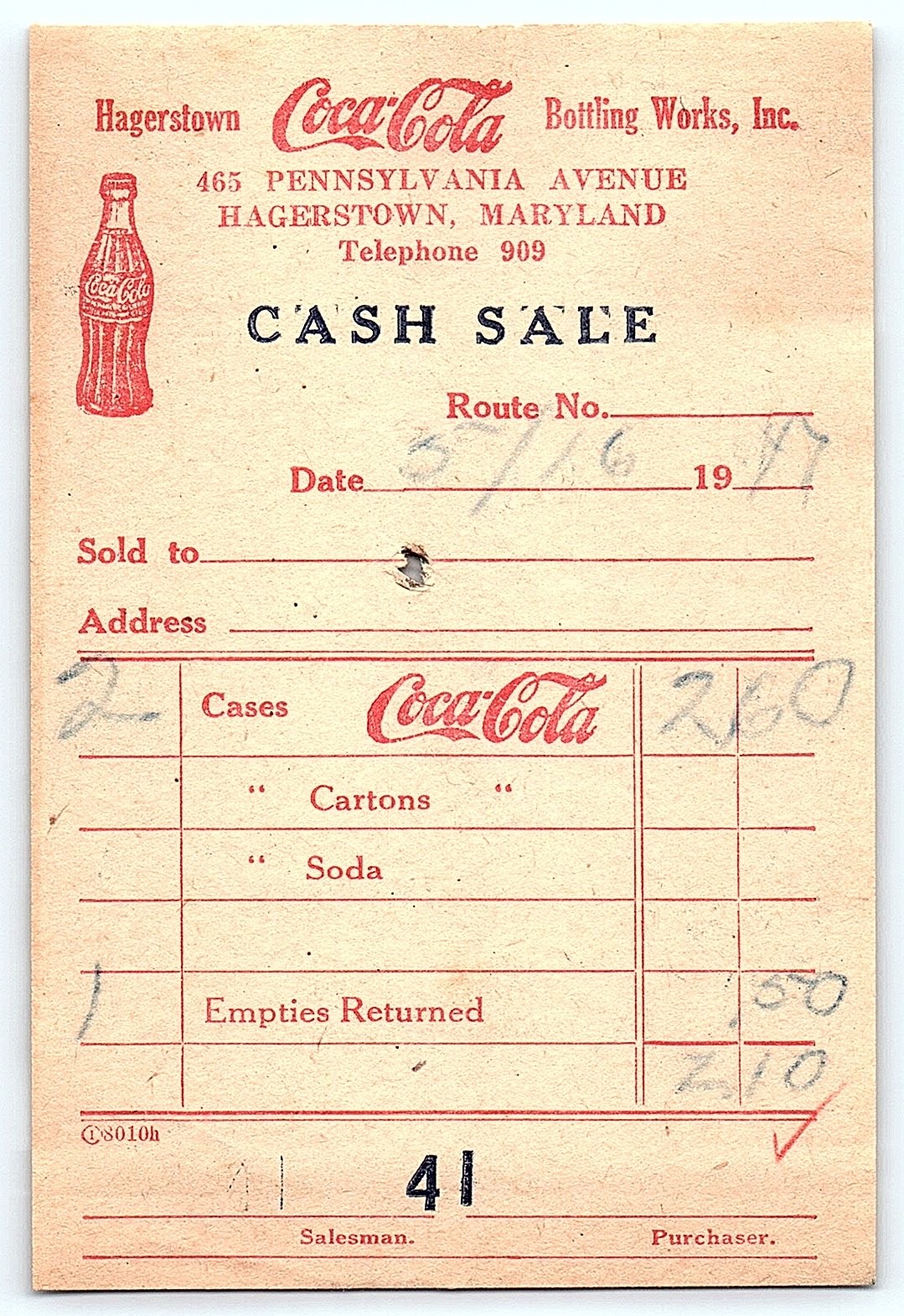 Vintage Coca-Cola Hagerstown MD Bottling Works billhead Vintage Coca-Cola Hagerstown MD Bottling Works billhead