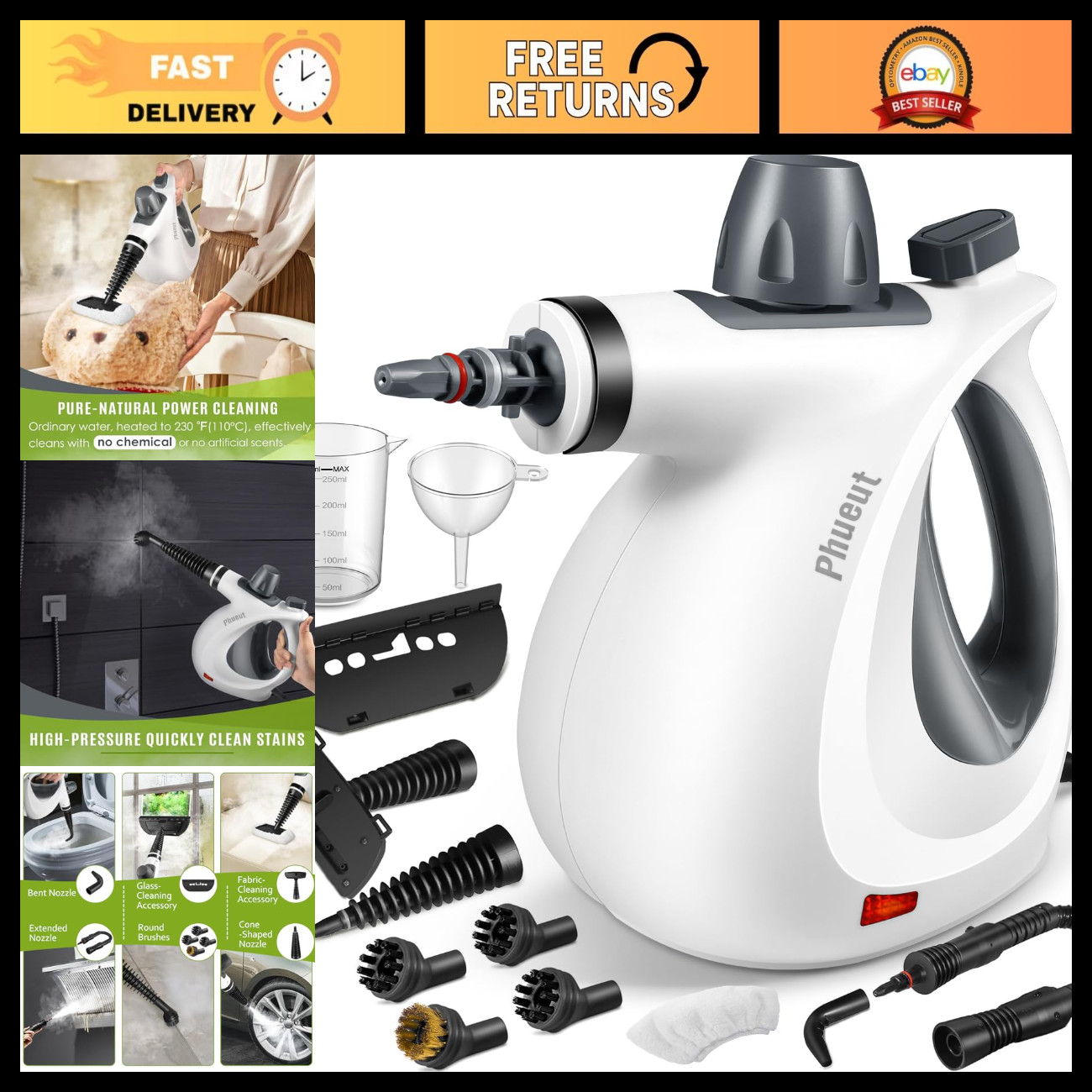 Phueut Pressurized Handheld Multi-Surface Natural Steam Cleaner with 12 pcs Acce