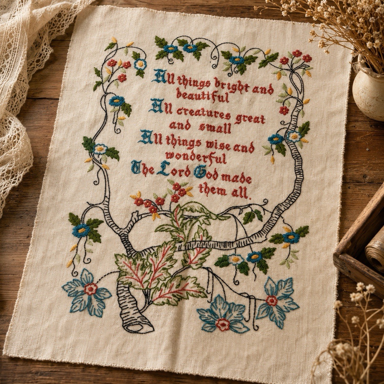 Vintage Hand Embroidered Linen Sampler All Things Bright Beautiful 13x16”