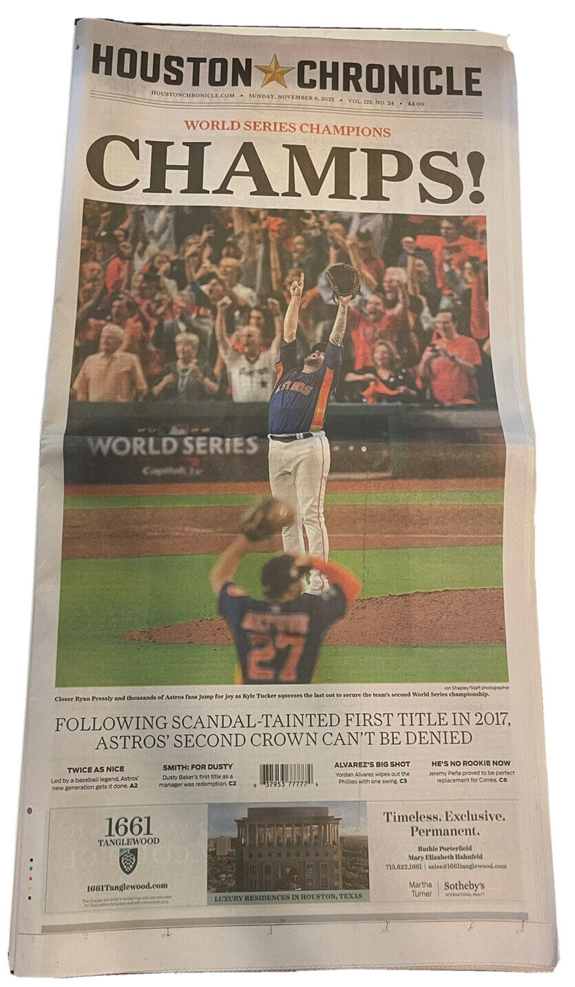 HOUSTON CHRONICLE  ASTROS WORLD SERIES  NEWSPAPER 2022 CHAMPS Sunday Paper.