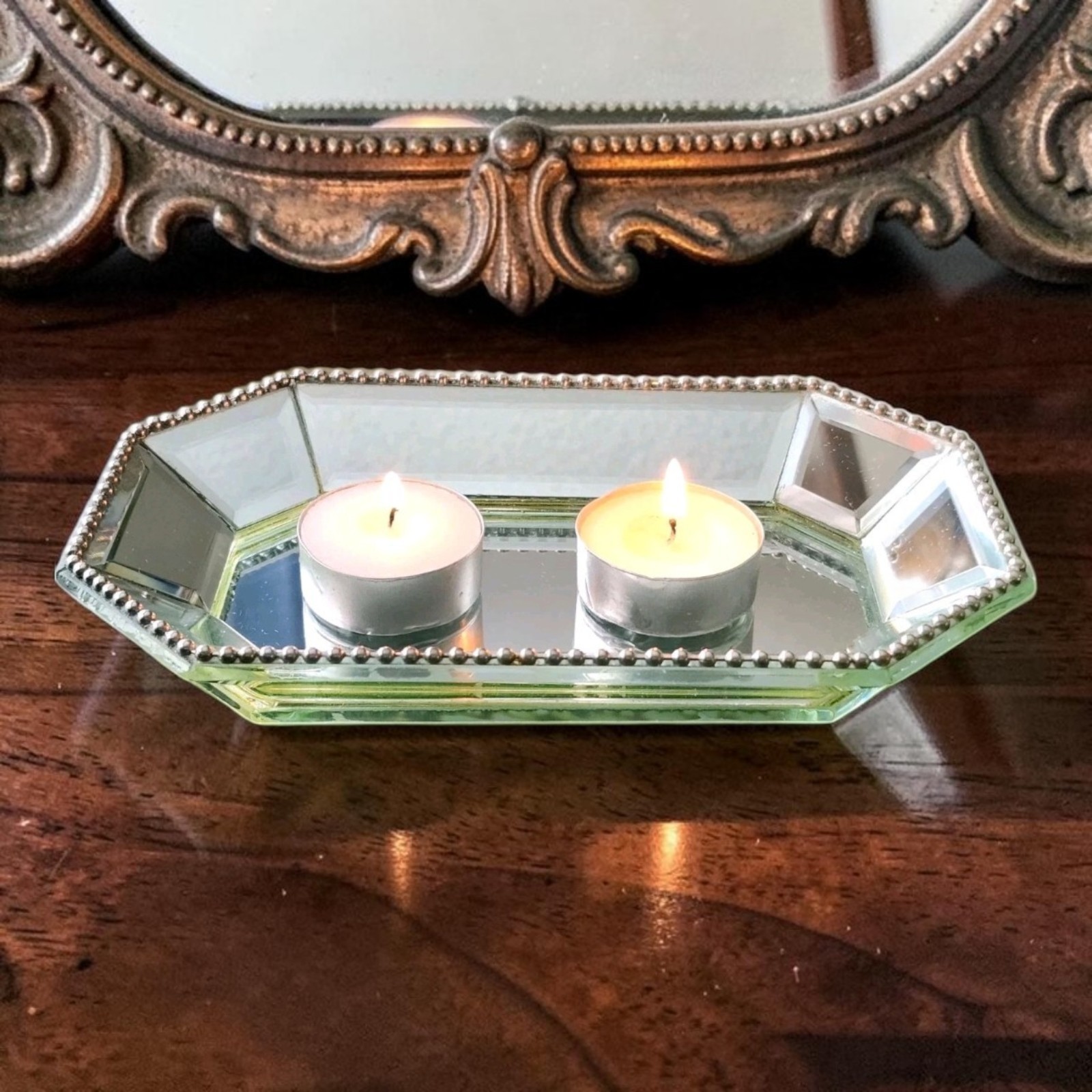 Small Mirrored Octagonal Candle/Trinket Tray Beaded Rim French Style 7.5\