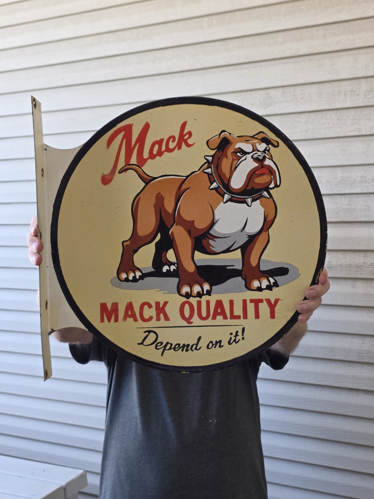 LARGE VINTAGE MACK QUALITY FLANGE DOUBLE SIDED PORCELAIN SIGN 17 LARGE VINTAGE MACK QUALITY FLANGE DOUBLE SIDED PORCELAIN SIGN 17