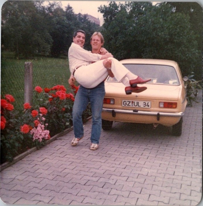 Vintage 1970s Gay Interest Photo Two Men Playful Pose German Car 3.5x3.5