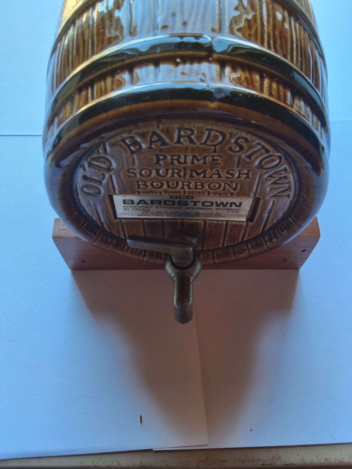 Old Bardstown Barrel Decanter with Spigot  Vintage Cedar Stand  