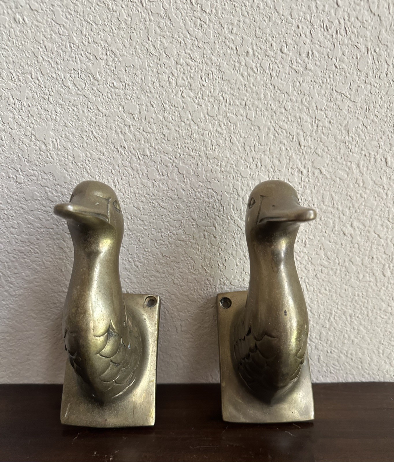 Pair of Vintage/MCM Solid Brass Duck Head Wall Hooks/Mounted Book Ends-Korea Pair of Vintage/MCM Solid Brass Duck Head Wall Hooks/Mounted Book Ends-Korea