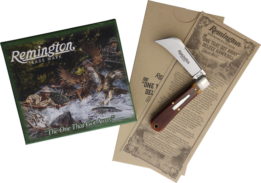 Remington 2023 Silver Bullet Hawkbill Brown Folding 1095HC Pocket Knife 693SB Remington 2023 Silver Bullet Hawkbill Brown Folding 1095HC Pocket Knife 693SB