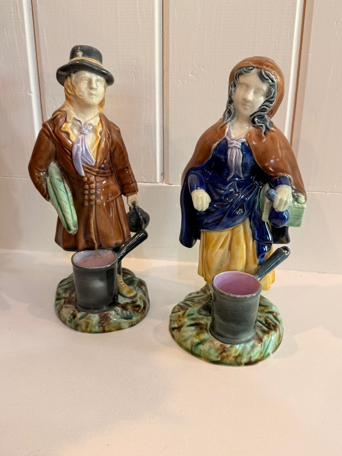 Pair of Antique Majolica Match Holders, Late Victorian Figural Vestas c. 1890s Pair of Antique Majolica Match Holders, Late Victorian Figural Vestas c. 1890s