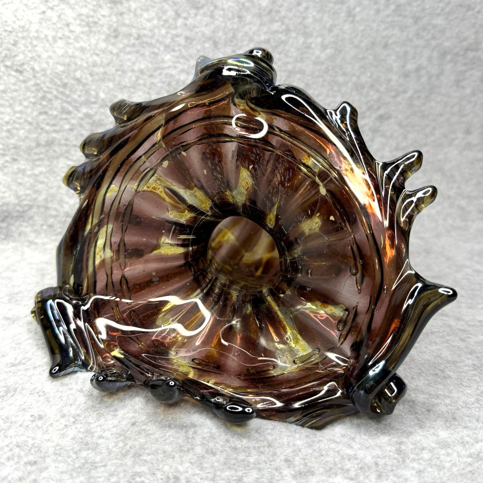 Rynkiewicz Blown Glass Iridescent Vase Purple Flower Shell Cornucopia Sculpture