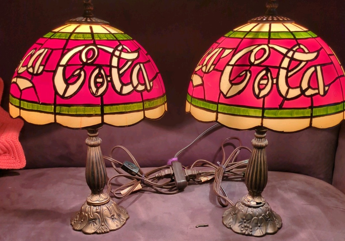 Vintage Coca-Cola Tiffany-Style Table Lamps (1 Working + 1 For Parts) Both Work