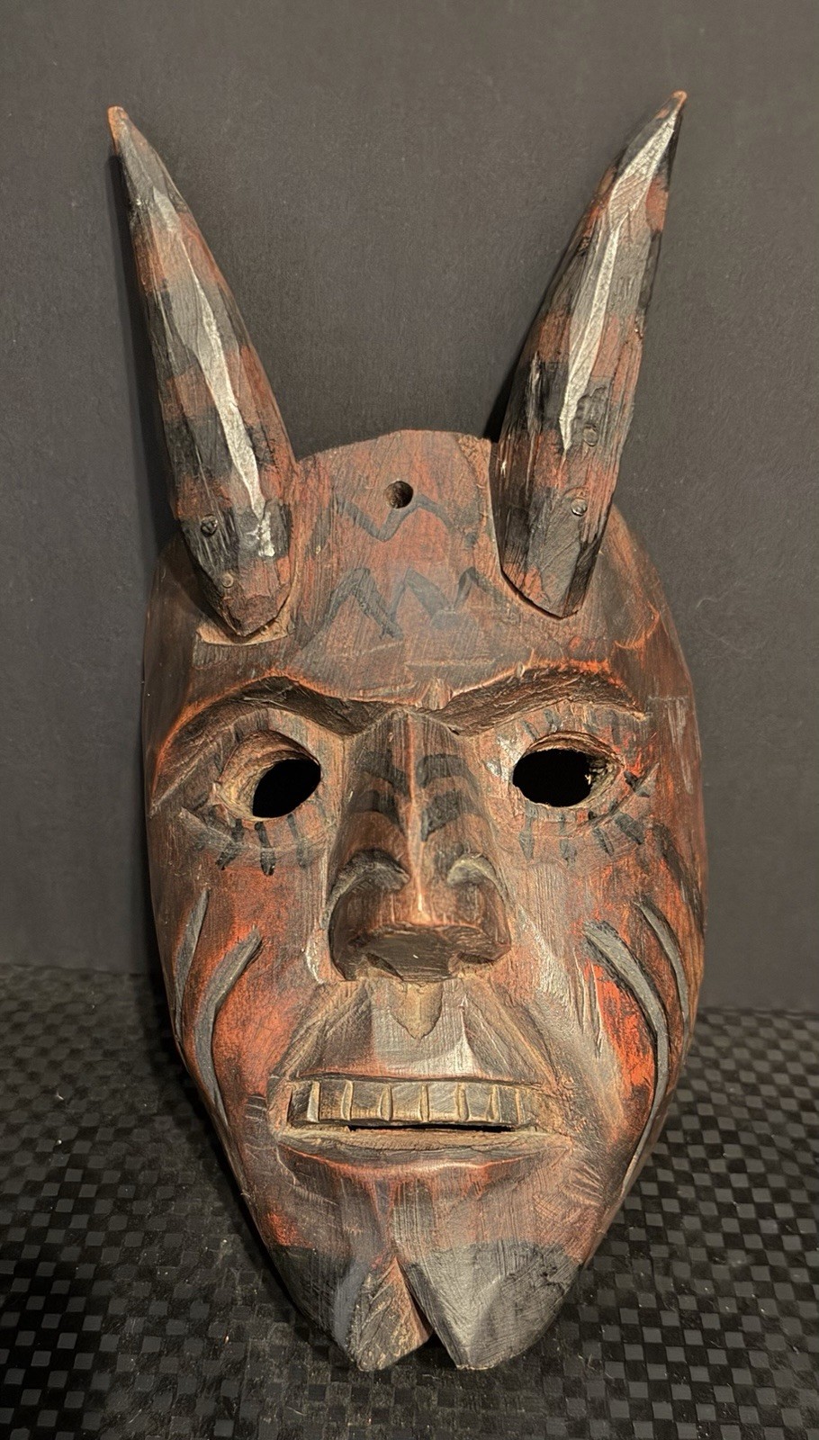 Vintage Guatemalan Diablo Devil Dance Mask Hand Carved Wood Horns Folk Art