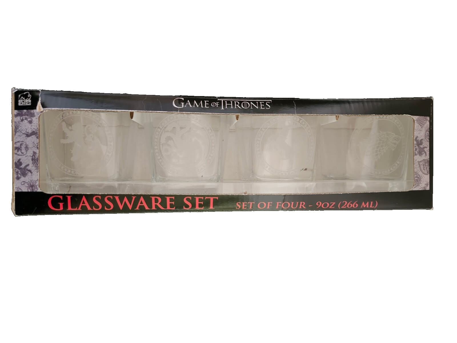 Game of Thrones HBO Glassware Set 4 House Sigil 9oz Drinking Glasses NIB