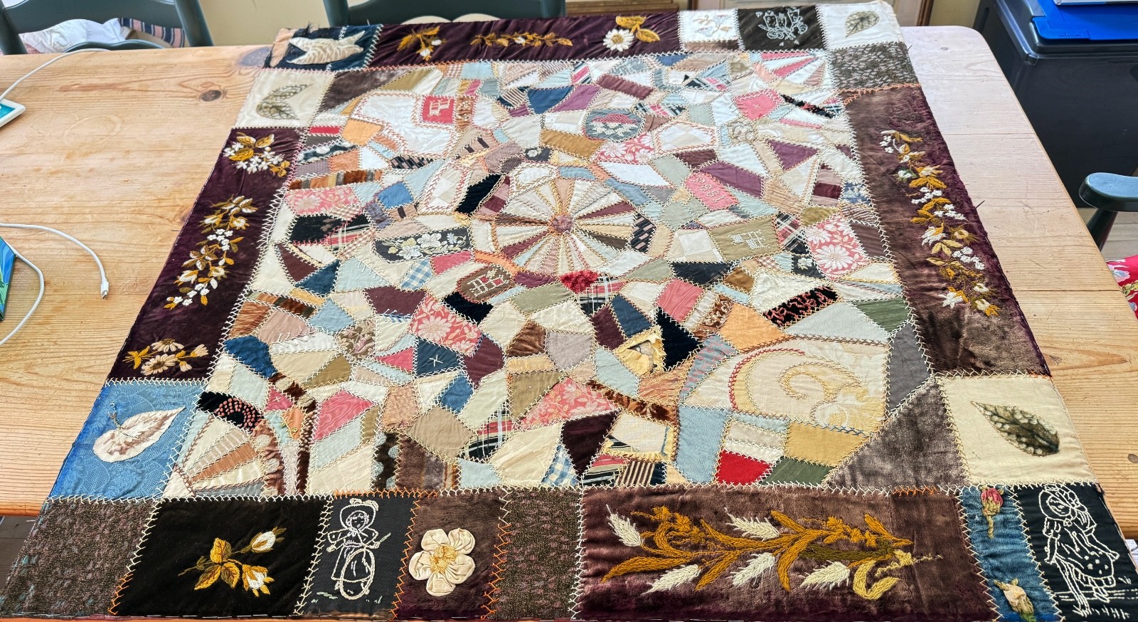 Antique Decorative 1886 Crazy Quilt in Velvet and Silk w/ Fine Embroidery B205