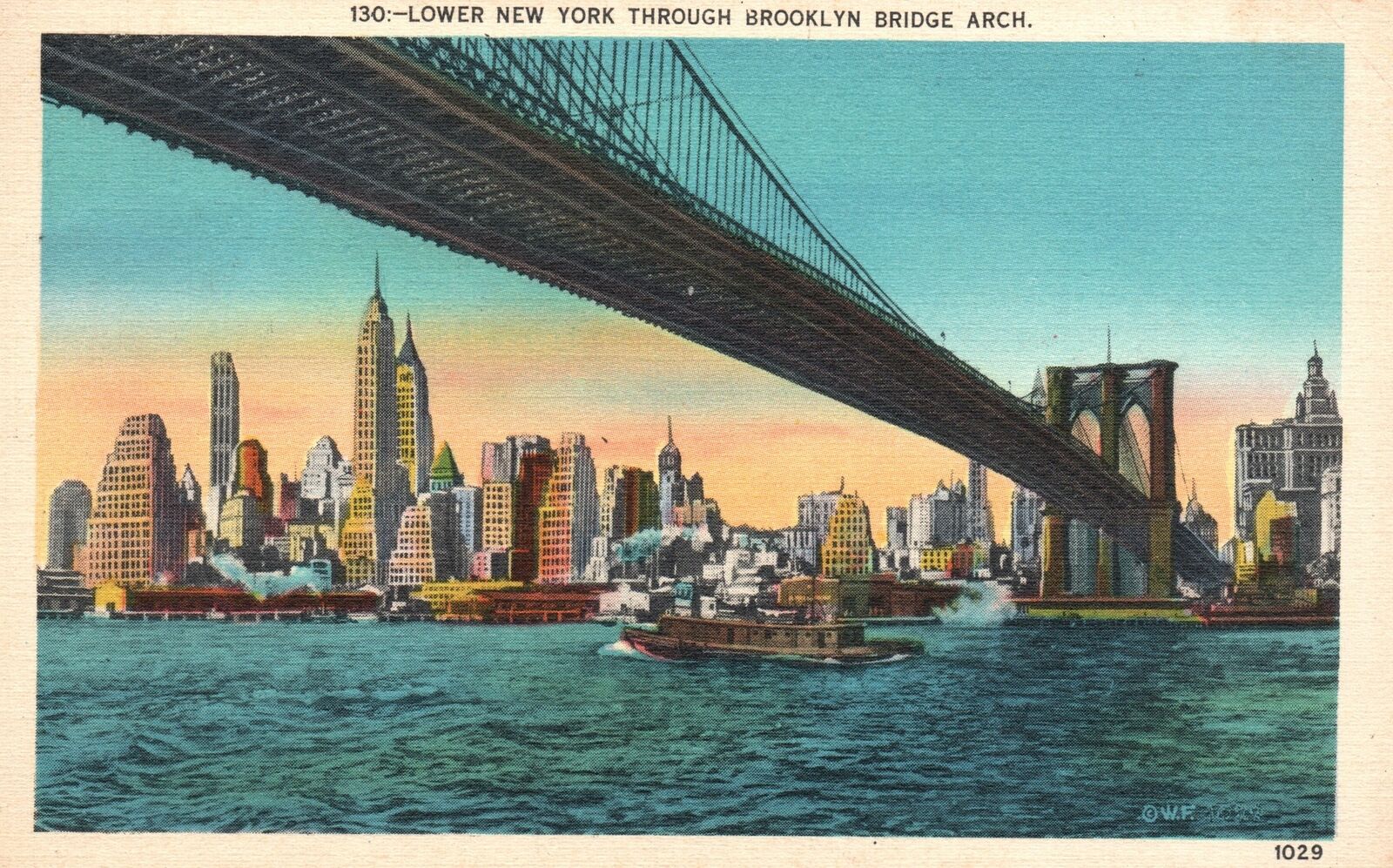 Vintage Postcard 1938 Lower New York Brooklyn Bridge Arch NY