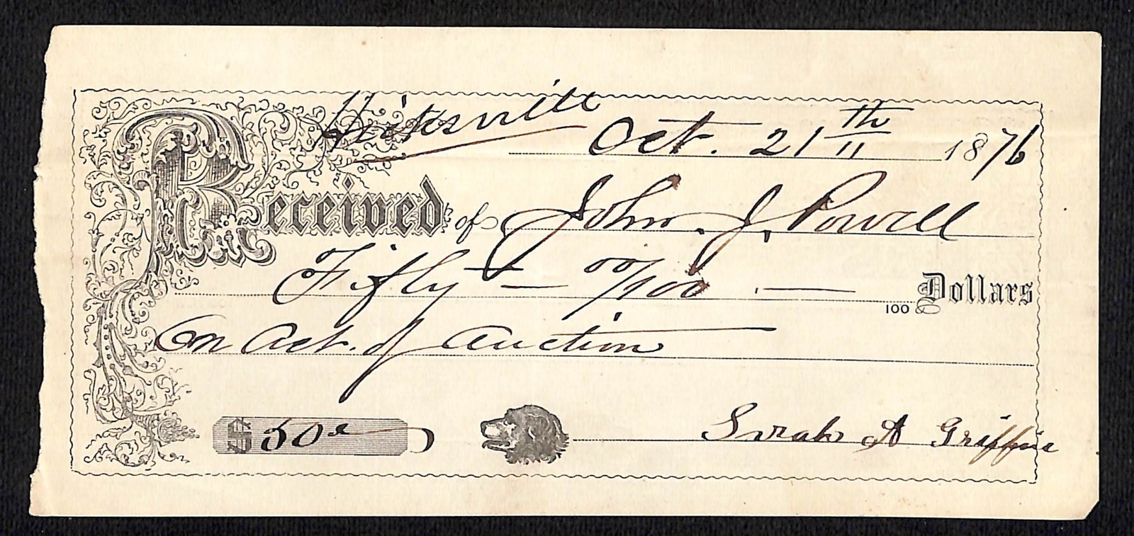 1876 John J. Powell Hicksville, LI, NY Receipt for $50 Auction Payment