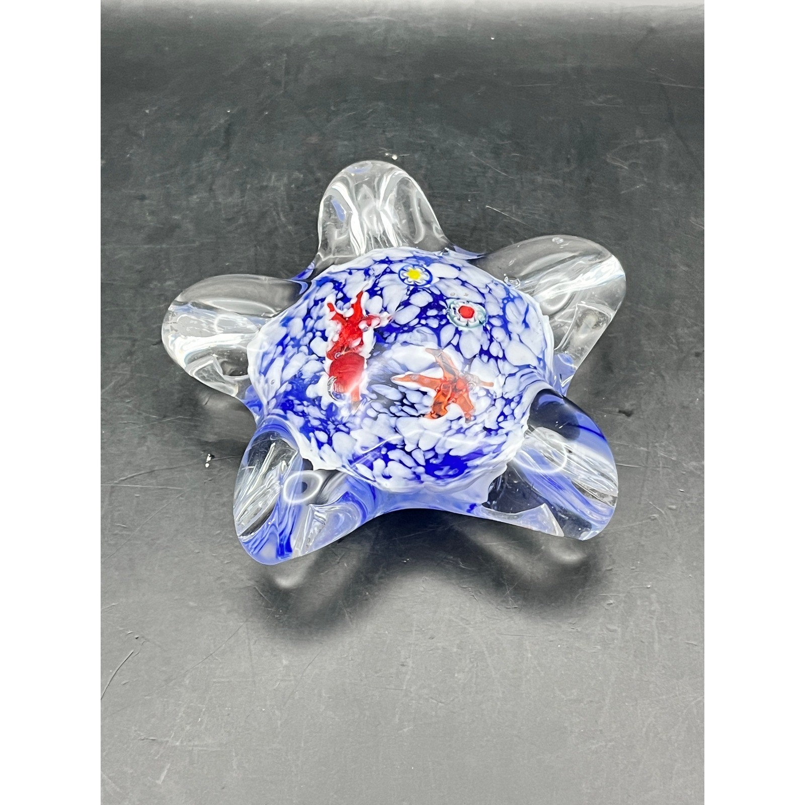 Vtg Art Glass Starfish Paperweight Blue White Swirl Squid Fish Beach Millefiore