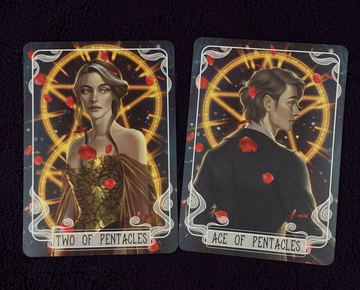 Fairyloot Tarot Cards Ace and Two of Pentacles. Scarlett & Julian (Caraval)