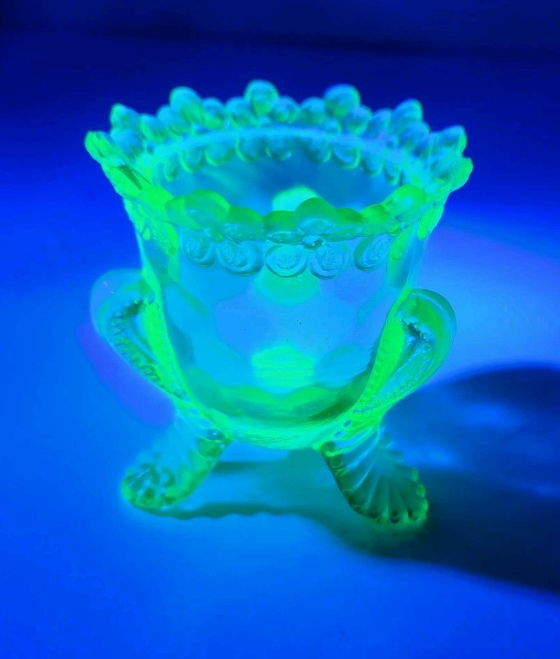 Vintage Degenhart Green Uranium Glass Forget-Me-Not Toothpick Holder UV Glow