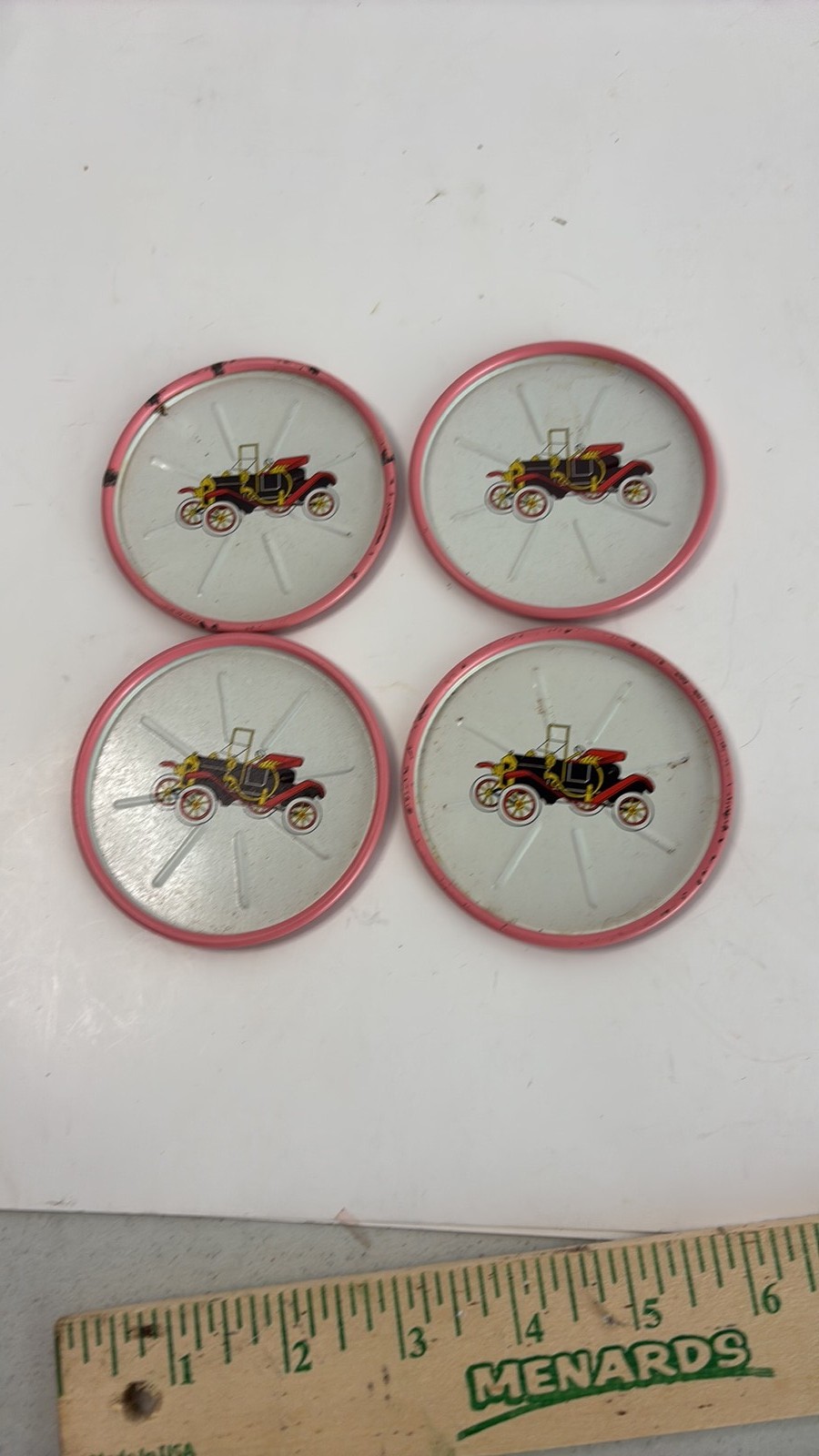 Vintage Pink Metal Coaster Set of 4 with Antique Car Graphic Vintage Pink Metal Coaster Set of 4 with Antique Car Graphic