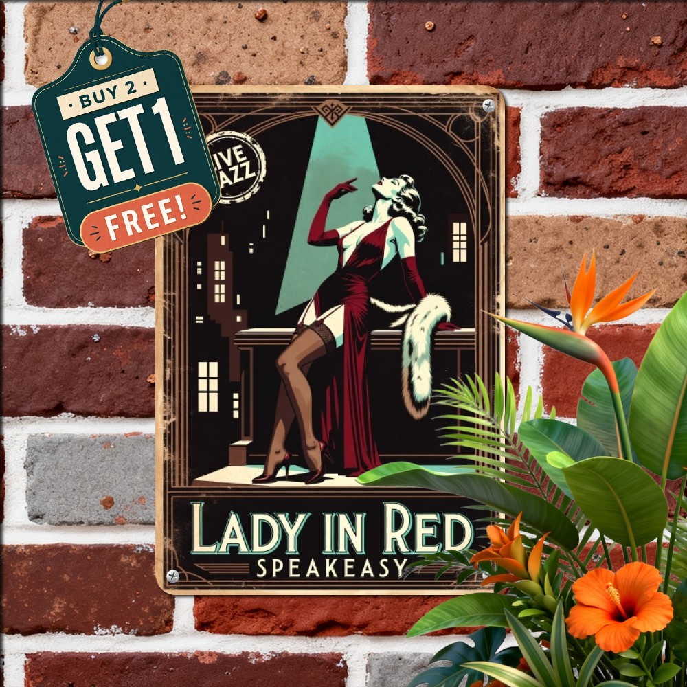 Retro Lady In Red Speakeasy Art 8x12 Pinup Woman Man Cave Tin Metal Sign