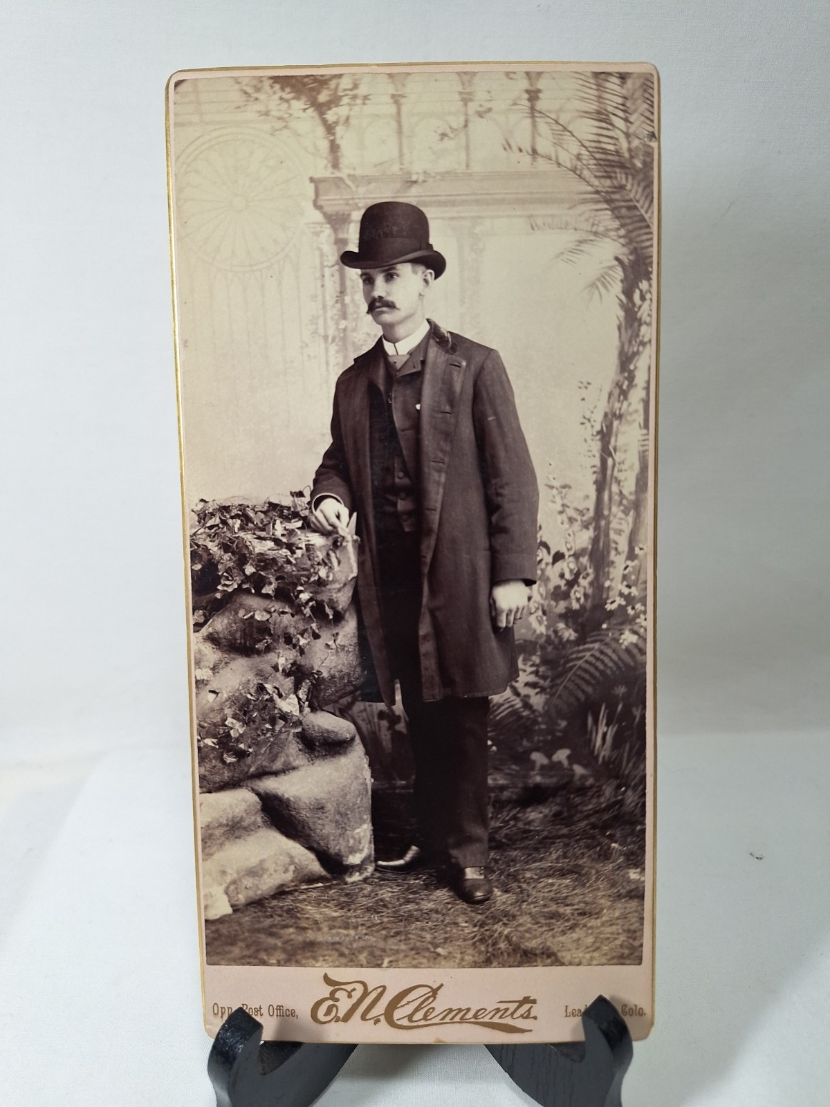 • Antique Cabinet Card Photo Bowler Hat Overcoat E N Clements Leadville Colorado