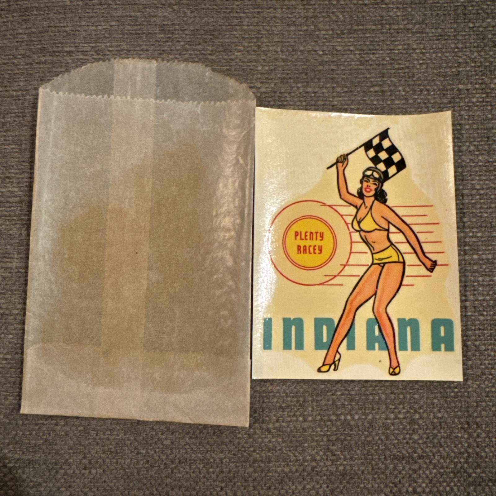 Indiana “Plenty Racey” Racing Vintage 1940s pin-up Luggage Water Decal *READ* Indiana “Plenty Racey” Racing Vintage 1940s pin-up Luggage Water Decal *READ*
