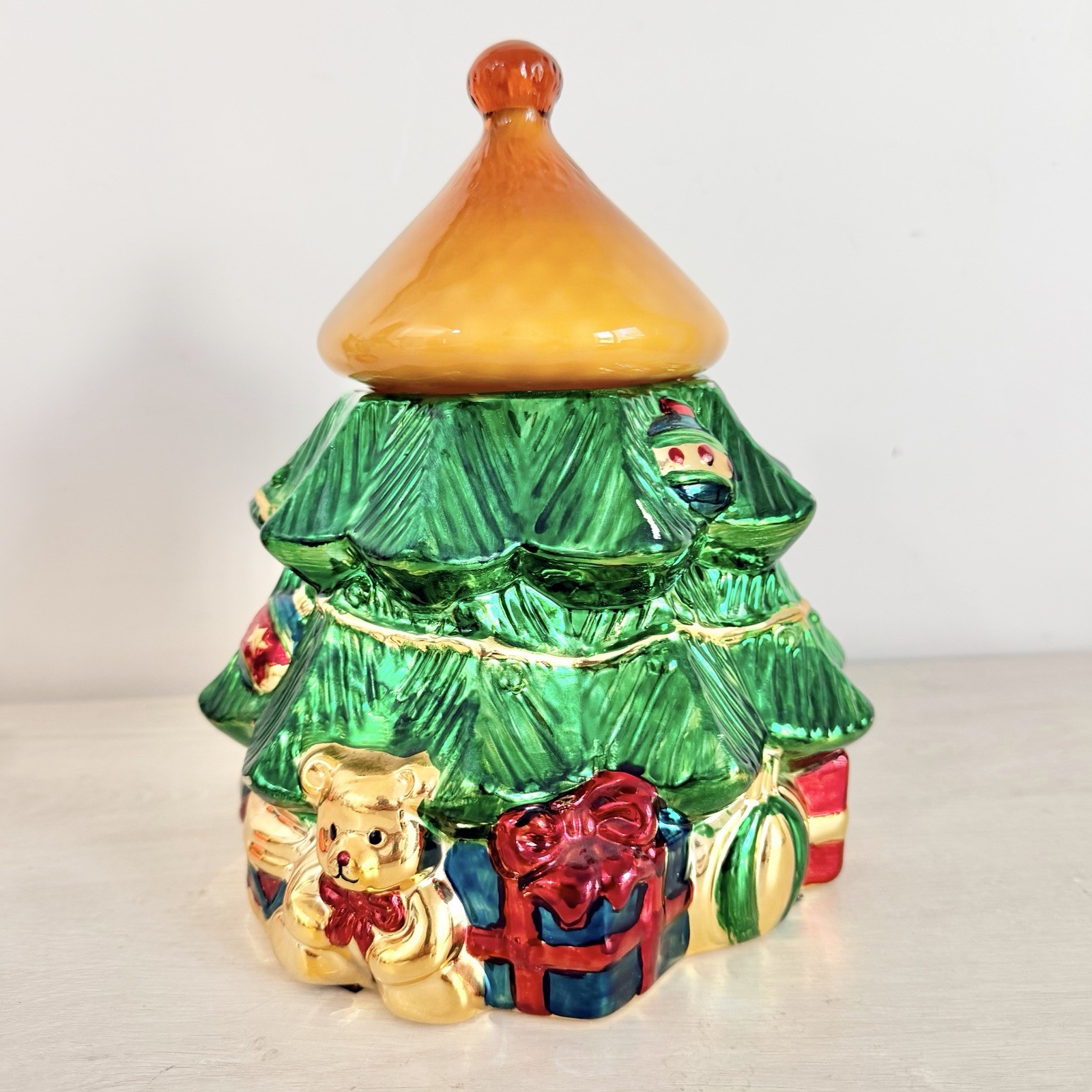 Vintage Lillian Vernon Christmas Tree Cookie Jar Metallic Lustre Amber Glass Lid Vintage Lillian Vernon Christmas Tree Cookie Jar Metallic Lustre Amber Glass Lid