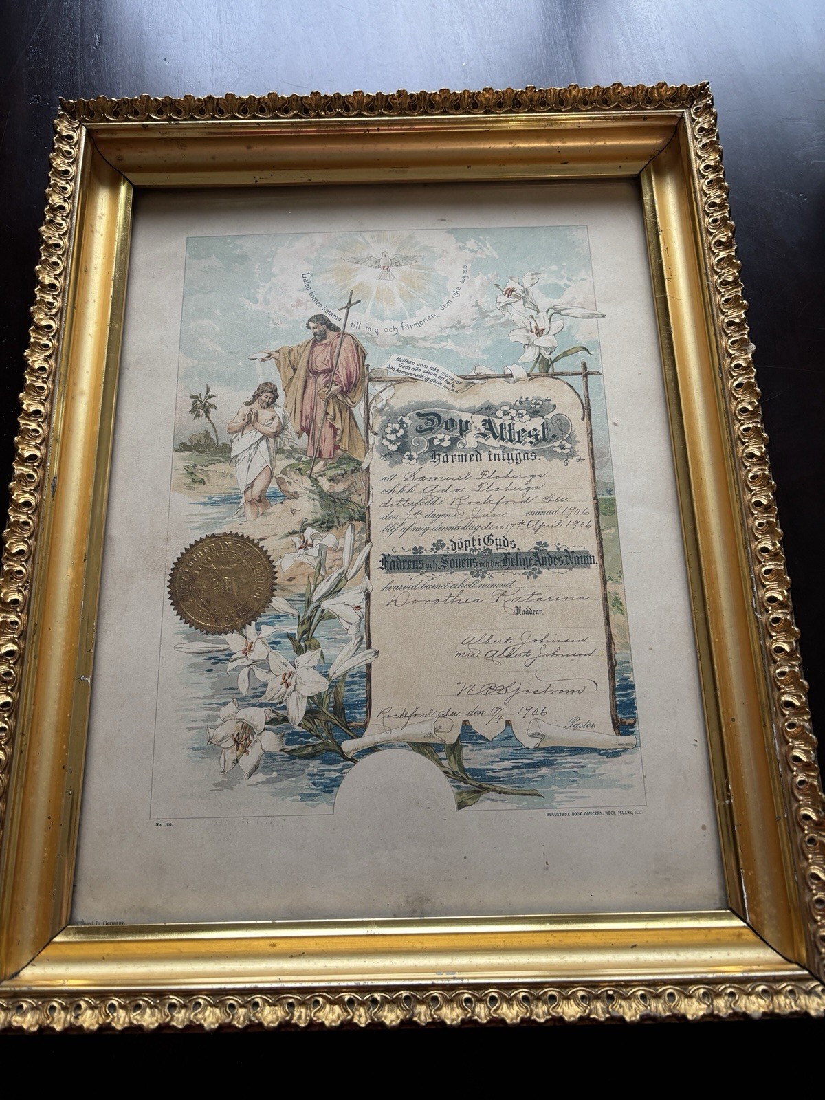 Antique 1906 Swedish Dop-Attest Baptism Certificate Augustana Book Concern IL Antique 1906 Swedish Dop-Attest Baptism Certificate Augustana Book Concern IL