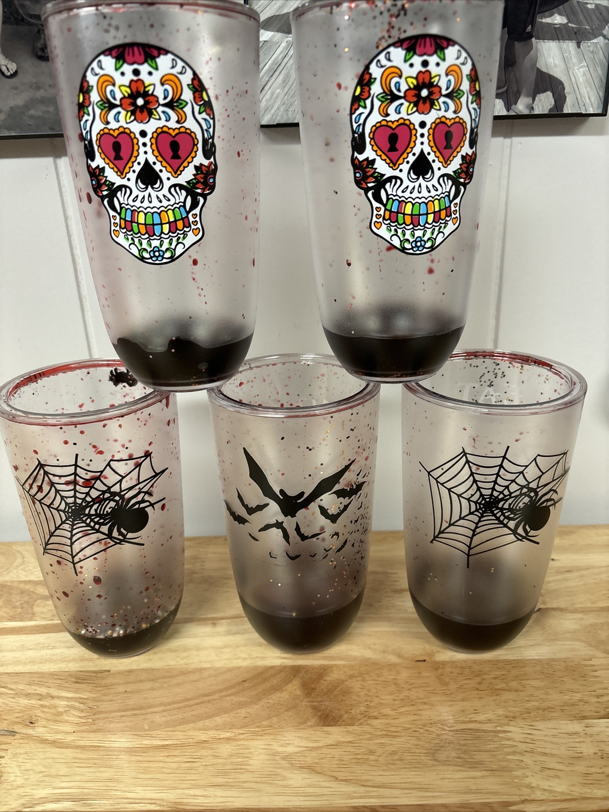 Set Of 5 Halloween Floaty Tumbler Novelty Cups Spider, Bat, Sugar Skull Set Of 5 Halloween Floaty Tumbler Novelty Cups Spider, Bat, Sugar Skull