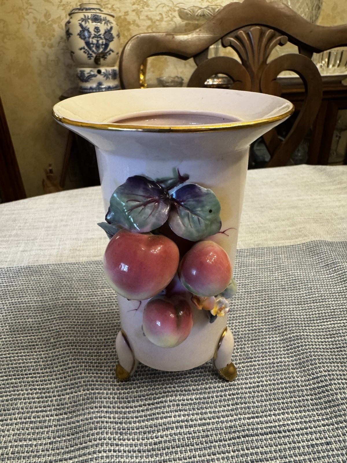 Vtg Geo Z. Lefton ~ Hand Painted Pink Vase w/Appied Fruit & Leaves Gold Accents