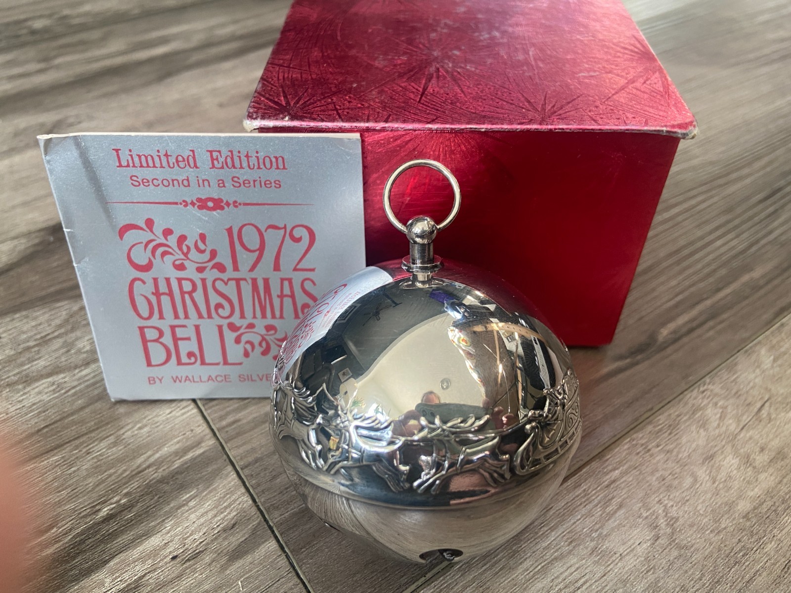 Wallace Silversmiths 1972 Christmas Silver Bell Sleigh Ornament With Box & Card