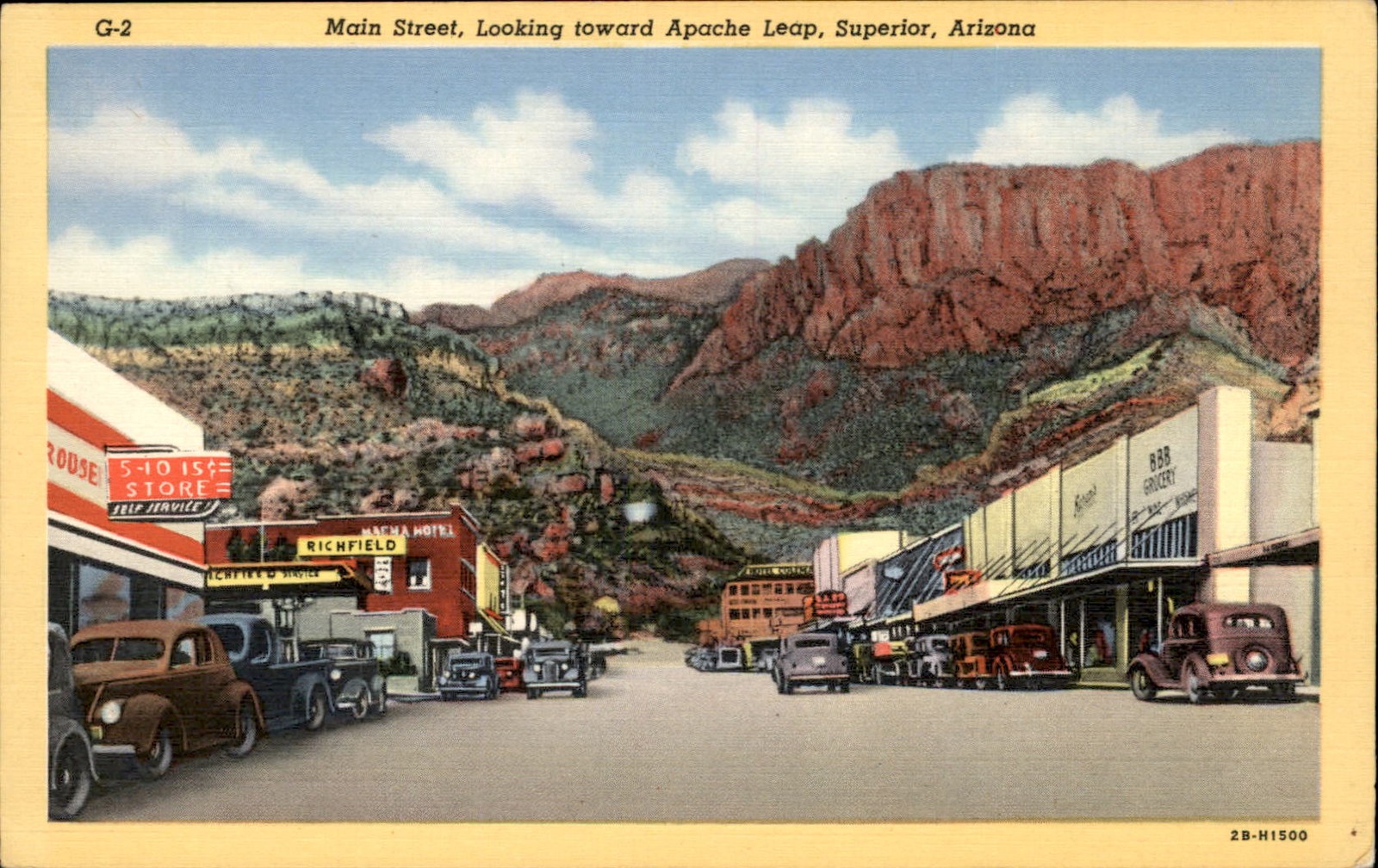 Superior AZ Main Street Apache Leap Linen Curt Teich c1940s-50s Vintage Postcard Superior AZ Main Street Apache Leap Linen Curt Teich c1940s-50s Vintage Postcard
