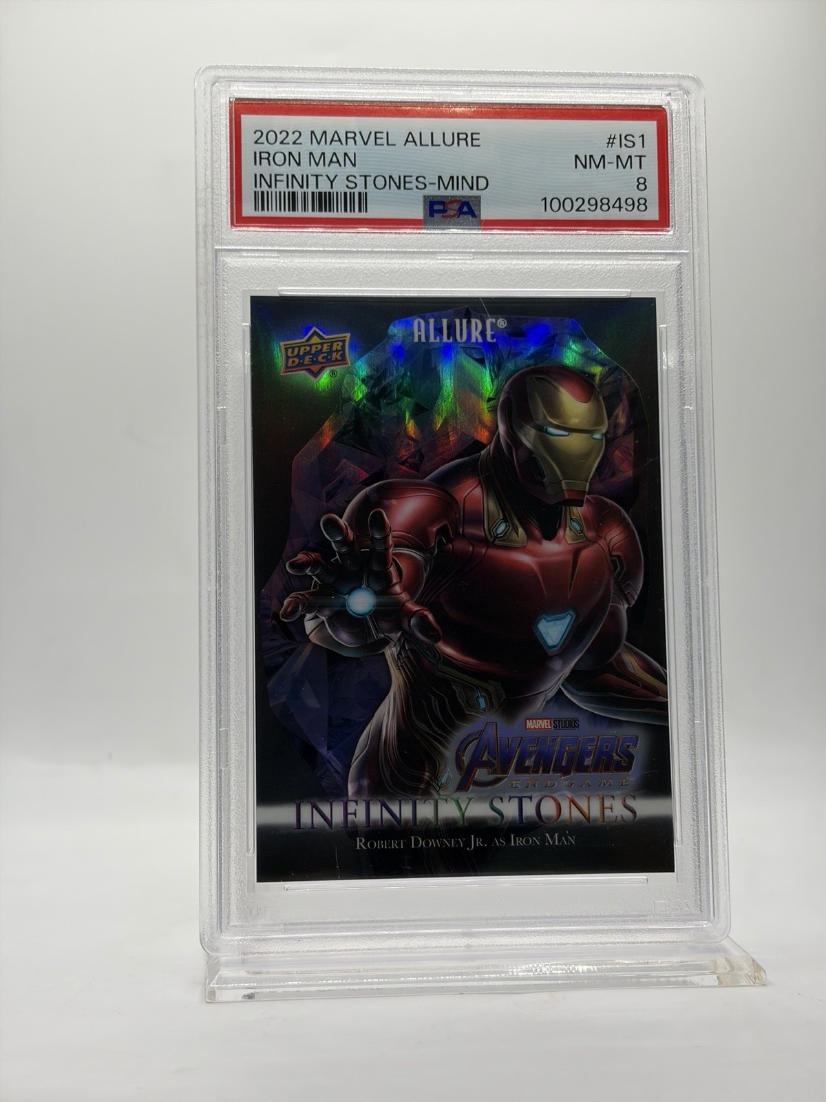 2022 Upper Deck Marvel Allure Infinity Stones-Mind IRON MAN (#d / 299) PSA 8