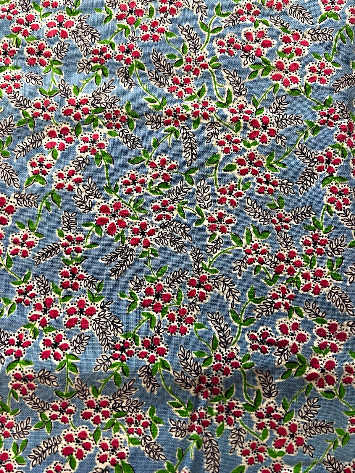 Vintage feedsack robins egg blue with small red flowers full size Vintage feedsack robins egg blue with small red flowers full size