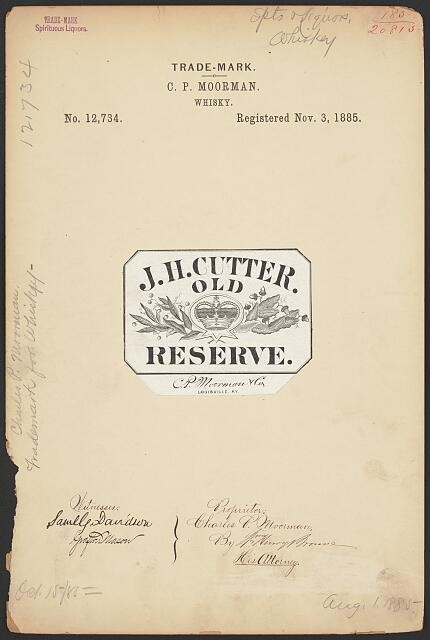Louisville Kentucky 1885 J.H. Cutter Old Reserve Whisky Trademark Patent