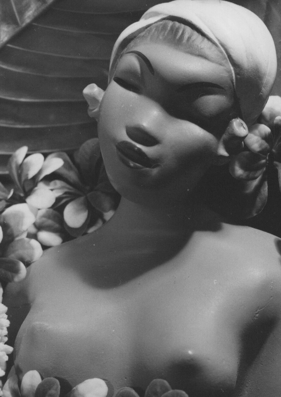 1950s Artistic Bust Sculpture Woman With Flowers Tropical Still Life
