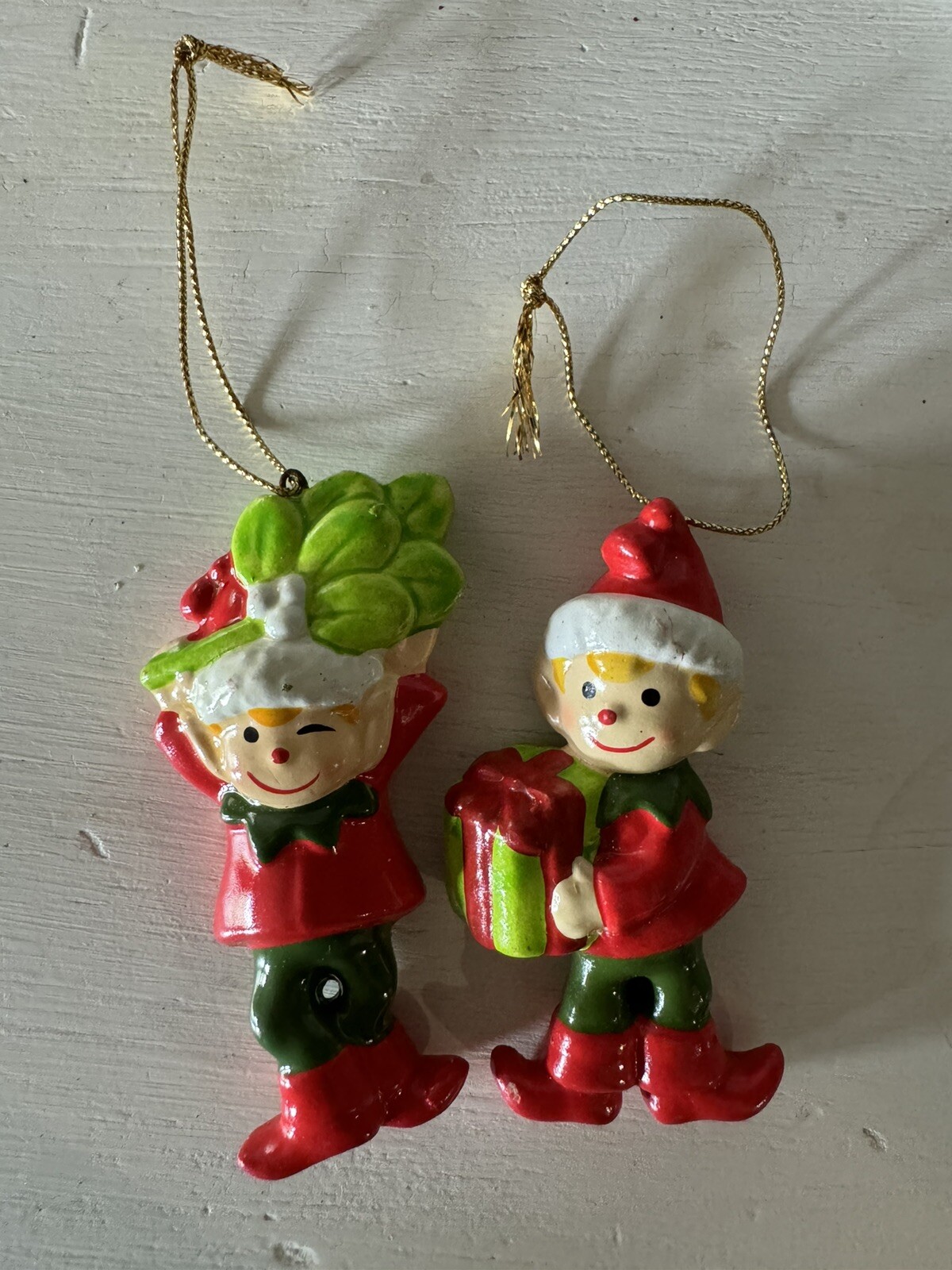VTG 2 Christmas Elves Elf Painted Ceramic Ornaments Korea EUC 3.5” Red & Green VTG 2 Christmas Elves Elf Painted Ceramic Ornaments Korea EUC 3.5” Red & Green