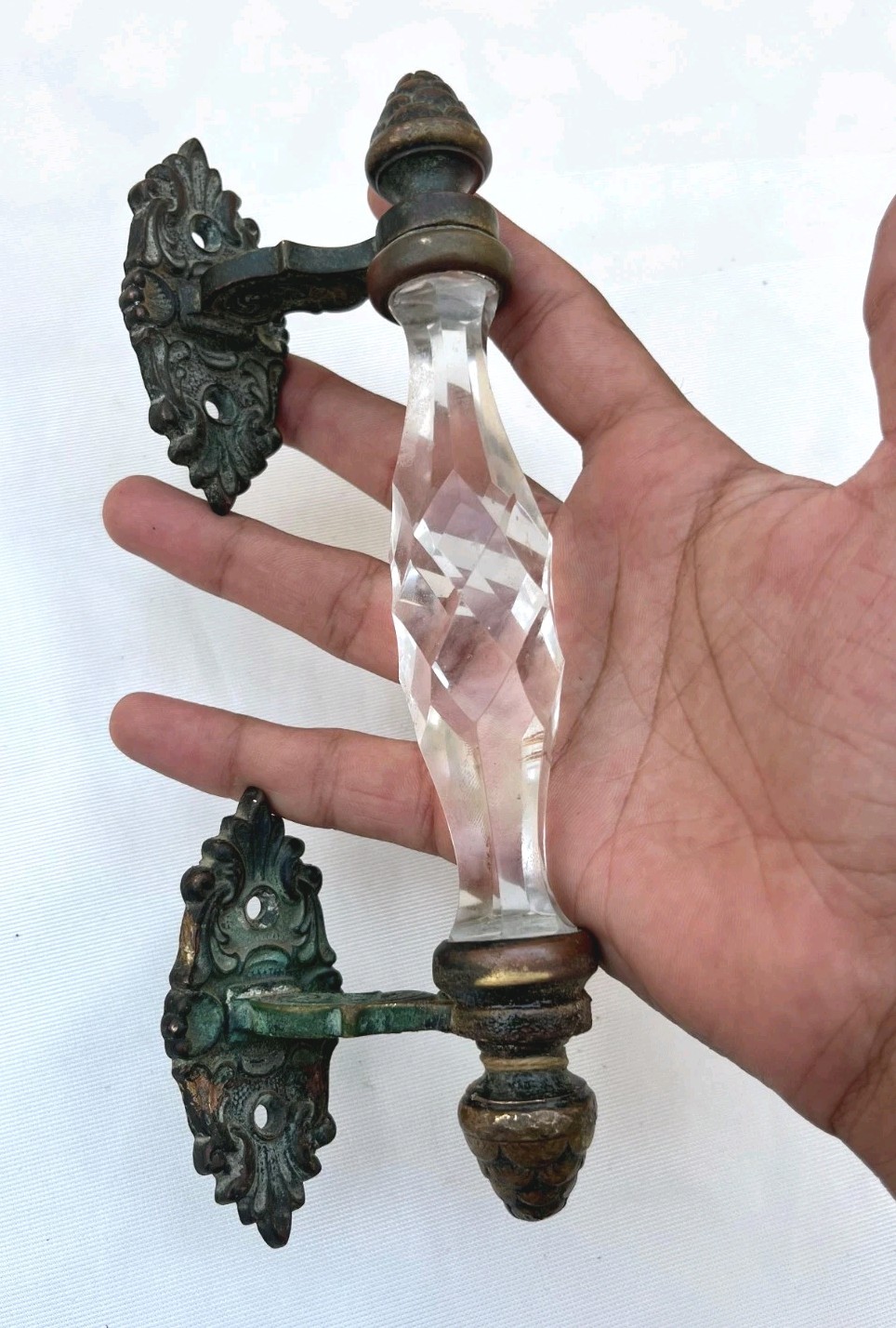 RARE VINTAGE BRASS CUT GLASS VICTORIAN ROYAL HANDLE  COLLECTABLE 