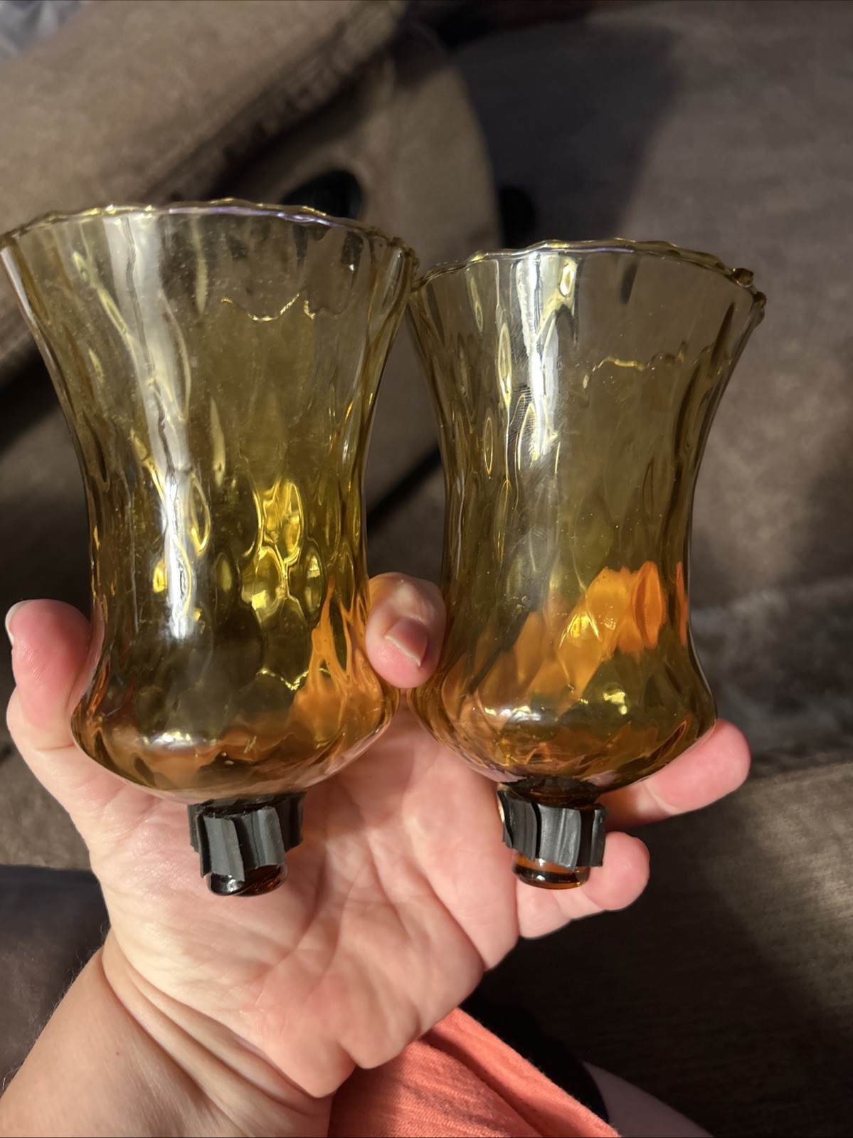 Vtg Set 2 Amber Glass Peg Candle Votive Cup Diamond Honeycomb 5.5in Tall