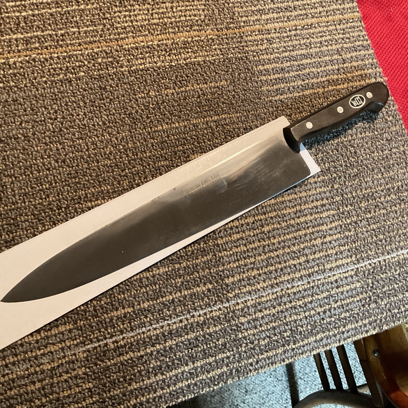 Vintage NOS Gustav Emil Ern Chef Knife 12” Carbon Steel Blade Solingen Germany Vintage NOS Gustav Emil Ern Chef Knife 12” Carbon Steel Blade Solingen Germany