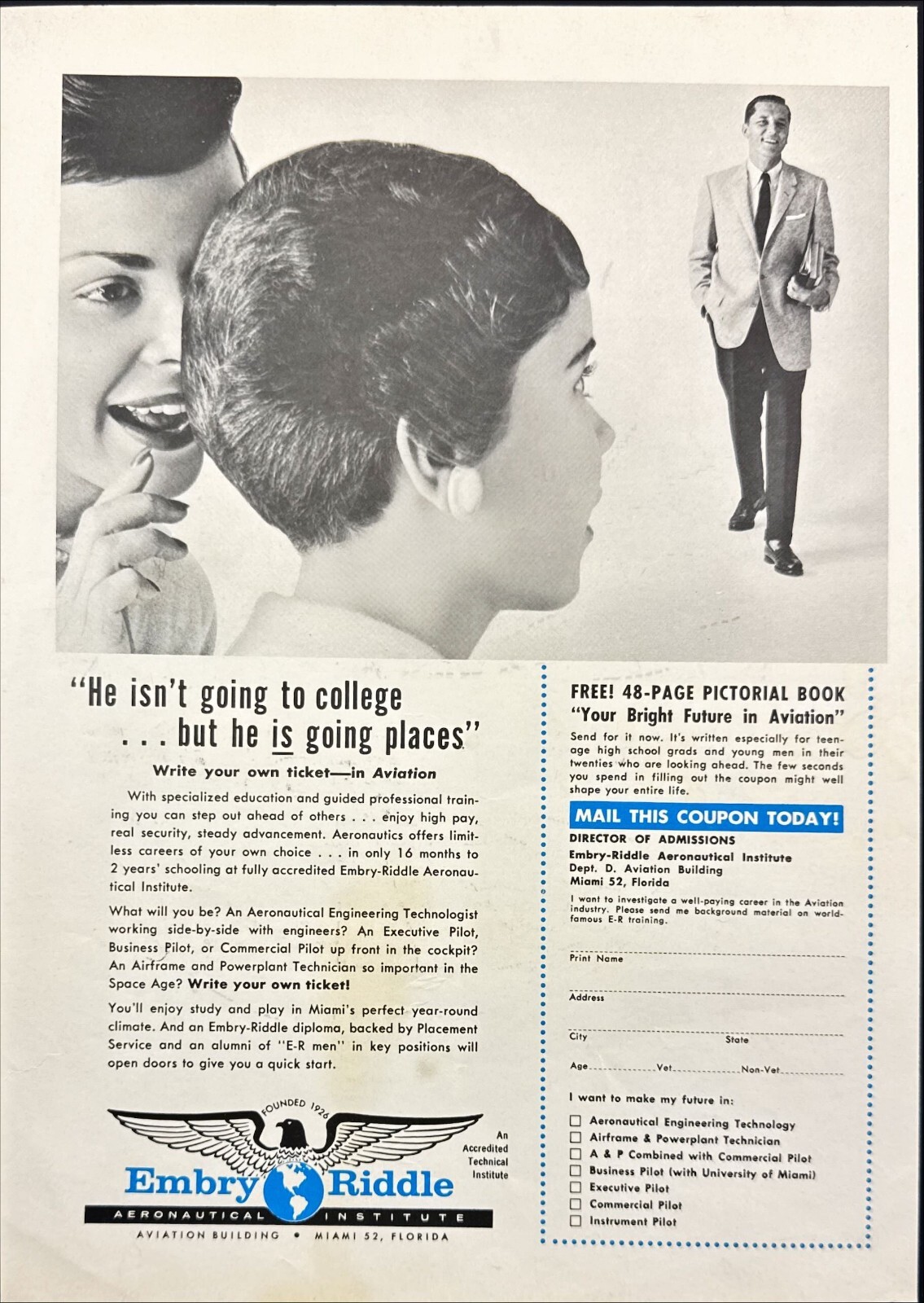 Embry Riddle He Isn\'t Going to College But He is Going Places Vtg Print Ad 1959