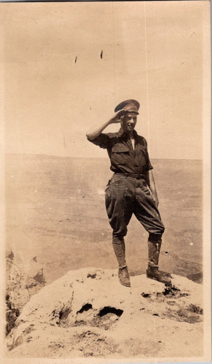 Antique 1915 Grand Canyon Arizona Photo WWI Era Soldier Saluting Sepia Vintage